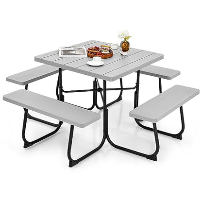 Tangkula 8 Person Picnic Table, Outdoor Square Picnic Table with 4 Built-in Benches, Umbrella Hole, Metal Frame & HDPE Tabletop, Outside Table and Bench Set for Backyard, 2300lbs Weight Capacity - color: Grey