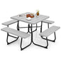 Tangkula 8 Person Picnic Table, Outdoor Square Picnic Table with 4 Built-in Benches, Umbrella Hole, Metal Frame & HDPE Tabletop, Outside Table and Bench Set for Backyard, 2300lbs Weight Capacity - color: Grey