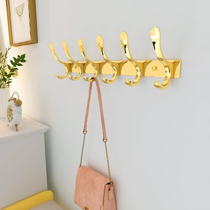 SKOLOO Coat Rack Wall Mounted - 6 Hooks, Pack of 2, Heavy Duty, Stainless Steel, Metal Wall Hangers, Sturdy Coat Hooks for Hanging Coats, Jacket, Clothes, Hat, Bright Gold - color: Bright Gold, size: 6 Hook(2 Pack)