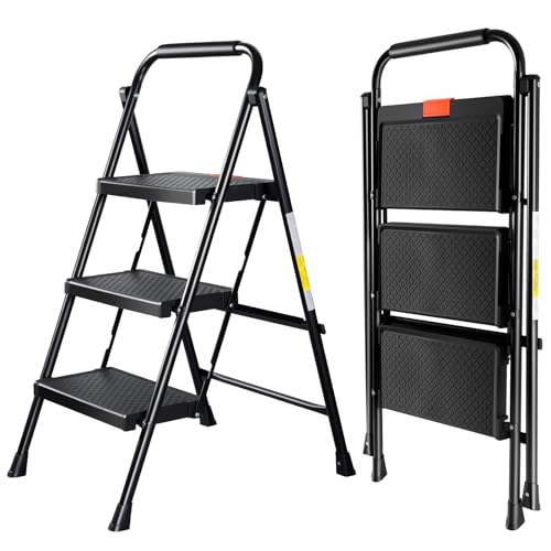 Valeo 3 Step Ladder, 3 Step Ladder for Adults with with Safe-Lock Design, Wide Anti-Slip Pedal, 500lbs Sturdy Steel Ladder, Step Stool Foldable with Cushioned Handle,Black - style: 3 Step Ladder