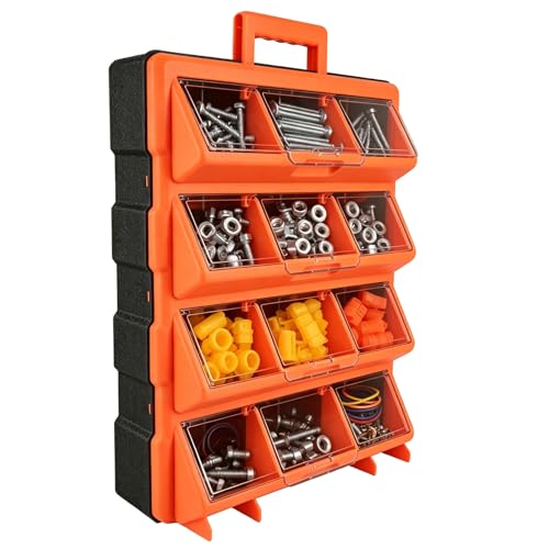 ULIBERMAGNET Tool Box Organizer,12-Compartment Portable Small Parts Organizer for Screws, Bolts,Nails,Washers, Wall-Mounted Hardware Storage Boxes for Garage, Truck, Workshop (Orange) - style: 12 Bin Portable Storage Bins 1 Pack
