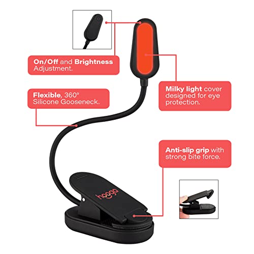 hooga Red Book Light, Rechargeable Clip On 625nm LED Light for Reading in Bed. No Blue Light Emitted, Eye Care Light for Strain-Free, Healthy Eyes. Gift for Students, Kids, Travel, Nursing, Studying. - color: Red