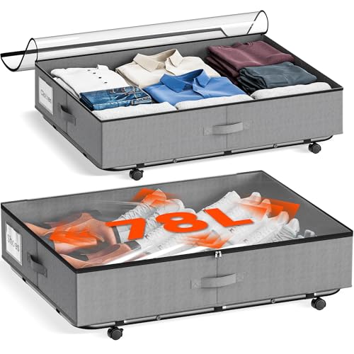 XXXL 78L Under Bed Storage with Wheels, Rolling Storage Containers with Clear Lid & Label, Heavy-Duty Metal Frame, Easy Pull-out, Underbed Storage Bins for Clothes, Shoes, Blankets, and Toys(2PACK) - size: With-wheels-78L-2pack
