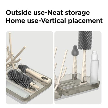 YOTIME Travel Bottle Brush Set, Auto-Open Rack & Vertical Brushs Drying Slots, 3 Brushes, Foldable Drying Rack, Dispenser, Travel Baby Essentials for On-The-Go Parents, Transparent Coffee - color: Transparent Coffee