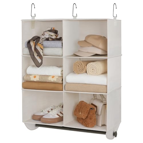 StorageWorks Hanging Closet Organizer with Metal Rod, 6-Section Closet Organizers and Storage, Collapsible Hanging Shelves for Baby Clothes, Shoes, Sweater Storage, Ivory and White - color: Ivory & White, size: 12¼"D x 24½"W x 33½"H