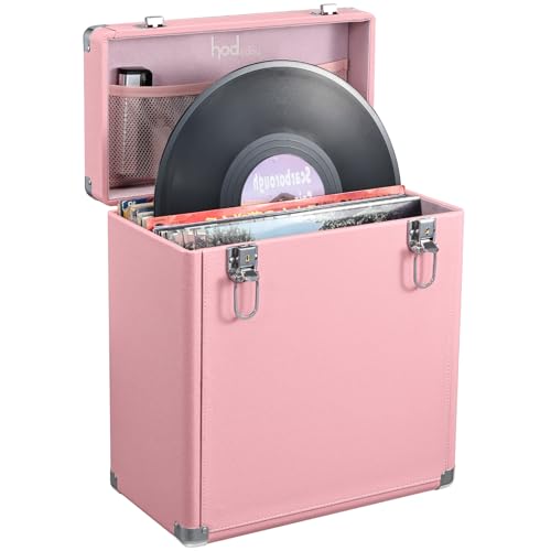 Hododou Vinyl Record Storage Box with Lock Record Organizer Storage for 30+ Single Records 12-inch Water Resistant Collapsible Storage Crate with Handle Mesh Pouch for Valuable Album Collection Pink - color: Pink