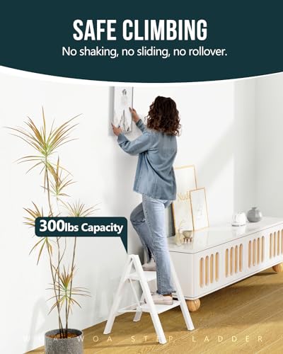WOA WOA Step Ladder, Widen Pedals Foldable Step Stool, Lightweight Aluminum Ladder, Easy to Move Around, Anti-Slip Foot Stepladder for Household, Fold Thin & Space Save, 300 lbs Load (2 Step, White) - color: White, size: 2 Step