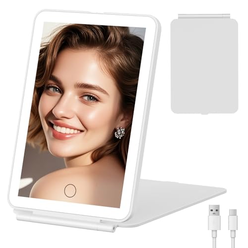 FUNTOUCH Rechargeable Travel Makeup Mirror with Light, 2000mAh Portable Makeup Mirror with 3-Color Lighting, Dimmable Touch Screen, Tabletop LED Folding Cosmetic Compact Vanity Mirror - color: White-a