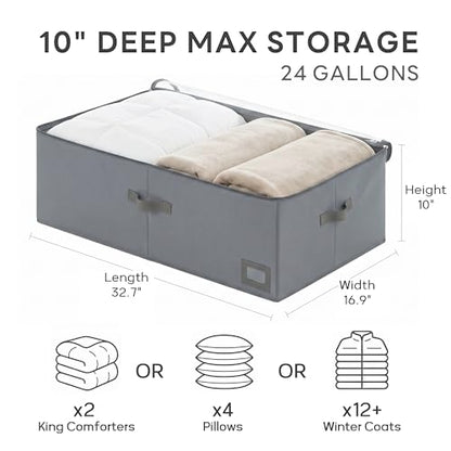 10" High Capacity Under Bed Storage Bins (3-Pack, Grey), Deep 600D Heavy Duty Oxford Fabric Storage Box for King Size Comforters, Pillows & Large Blankets - size: 10-Inch (3-PACK) - Deep