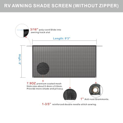 RV Awning Shade Screen Without Zipper 8'x9’3’’,Black Mesh RV Awning Sun Shade Screen,Universal Trailer Camper RV Awning Screen with Complete Kit,Significantly Improves Shadow and Privacy - color: Black Without Zipper, size: 8'X9'3''for 10' RV Awning