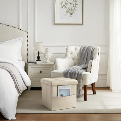 Bsketa Storage Ottoman Foot Rest Stool, Small Leather Storage Ottomans Bench, Folding Footstool with Side Pockets, Foot Rest Under Desk for Living Room Bedroom, 15x15x15 in, Beige - color: Beige-with Side Pockets