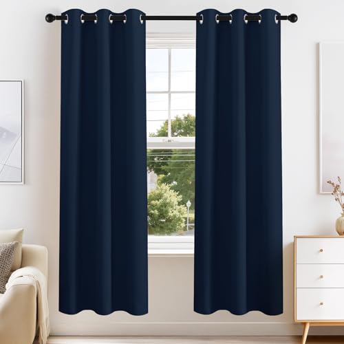 PONY DANCE Navy Blue Blackout Curtains for Bedroom 63 Inch Length 2 Panels Set, Thermal Insulated Energy Saving Grommet Top Window Treatment Drapes for Living Room, W34 x L63 Inch - color: Navy Blue, size: 34"W x 63"L (Pack of 2)