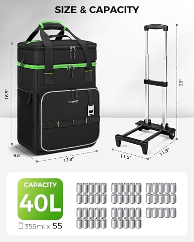 Ytonet 2-in-1 Rolling Cooler with Wheels, 55 Cans/40L Large Insulated Cooler on Wheels with Detachable Top Bag, Leakproof Soft Sided Cooler Bag for Beach, Picnic, Camping, Travel and Grocery，Black