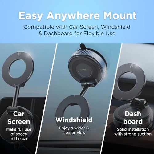 Magnetic Car Phone Holder Mount, 95LB Vacuum Suction Cup Phone Mount, MagSafe Compatible, 360° Adjustable Dashboard & Windshield Holder for iPhone, Samsung & Android