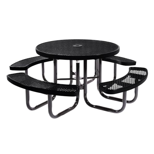 COATEDOUTDOORFURNITURE Heavy-Duty Portable Outdoor Picnic Table with Umbrella Hole, Expanded Metal Commercial-Grade Patio Dining Furniture Made in America (46" Round Top, Black) - color: Black, size: 46 In, Round, Expanded Steel