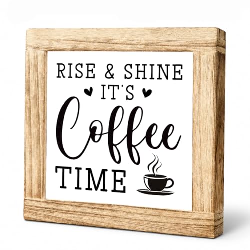 Wooden Coffee Sign Rise & Shine It's Coffee Time Farmhouse Coffees Bar Signs Rustic Wooden Sign Handmade Kitchen Wall Art Coffees Plaque for Home Office Kitchen Decoration 5.9x5.9 inches - color: Coffee 04