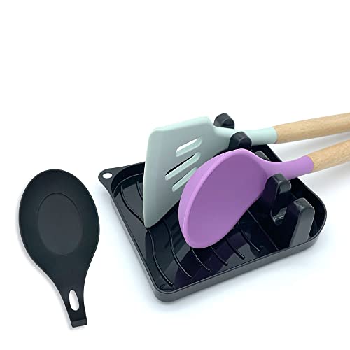 2 Pack Multiple Utensil Spoon Rest with Drip Pad Non-Slip Heat Resistant Kitchen and Grill Spoon Holder for Spatula, Ladle, Tongs, Kitchen Gadgets, and Cooking Accessories (Bright Black) - color: Bright Black