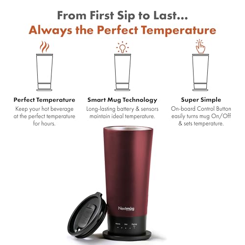 Nextmug Go - Temperature-Controlled, Self-Heating Travel Mug (Burgundy - 16 oz.) - color: Burgundy