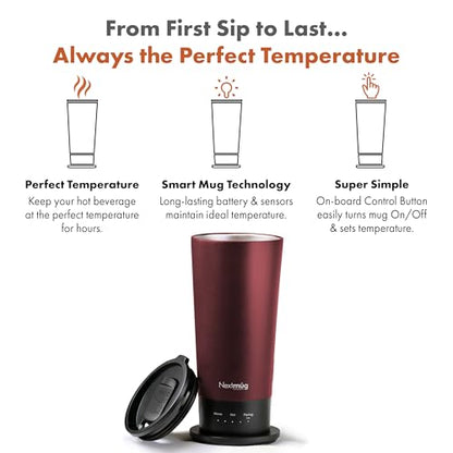 Nextmug Go - Temperature-Controlled, Self-Heating Travel Mug (Burgundy - 16 oz.) - color: Burgundy