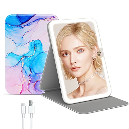 Rechargeable Travel Lighted Makeup Mirror with PU Leather Cover, Portable Travel Makeup Mirror with lights, 3 Color Lighting,Touch Sensor Dimmable, Light Up Tabletop Folding Cosmetic Mirror Colorful - color: Colorful