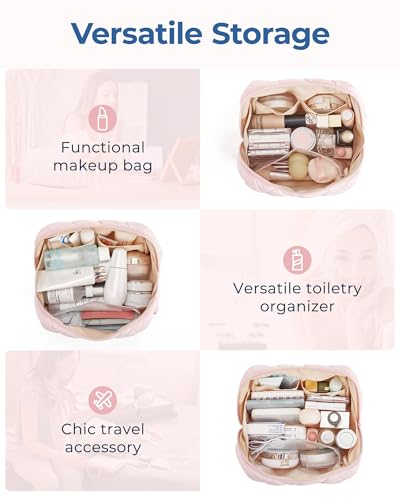 BAGSMART Makeup Bag, Travel Cosmetic Bag, Puffy Padded Make Up Bag for Women, Makeup Organizer Case, Wide-open Pouch Purse, Travel Essentials, Toiletries Accessories Brushes, Camel(Khaki) - color: D-Khaki