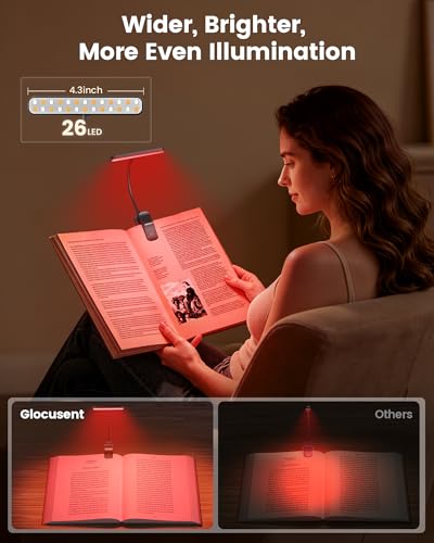 Glocusent 630nm Red Light Reading Light, 26 LEDs Zero Blue Light, 1600K Amber Book Light with 3 Modes & 5 Brightness Dimmable, 120H Runtime, Eye-Care Clip on Light for Book Lovers and Kids
