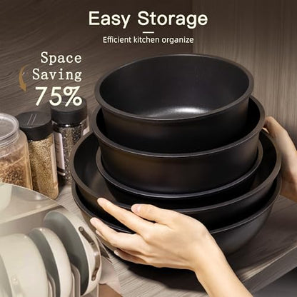 Astercook 21 Pcs Pots and Pans Set Non Stick, Ceramic Cookware Set Detachable Handle, RV Kitchen Cooking Set Removable Handles, Oven Safe, Induction Ready, Stackable, Black, Fathers Day Gift for Men - color: Black, size: 21 Piece