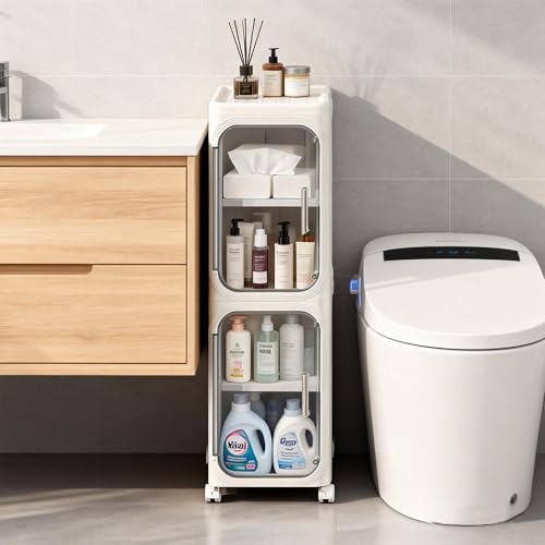 LXLXXL 2-Tier Narrow Storage Cabinet Slim Bathroom Tall Skinny Organizer | Slim Storage Cabinet with lockable rolling wheels adjustable detachable shelves snap assembly for small spaces,Snow white - color: Snow White, size: 2-tier