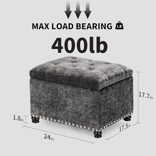 Joveco Storage Ottoman Bench, Rectangle 24" Velvet Foot Rest Stool Square Footstool for Living Room, Bedroom, Charcoal Grey - color: Charcoal Grey