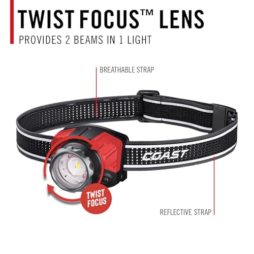 Coast® FL85R 1000 Lumen Tri-Color (White/Red/Green) Focusing Rechargeable LED Headlamp, Built-in Rechargeable Battery