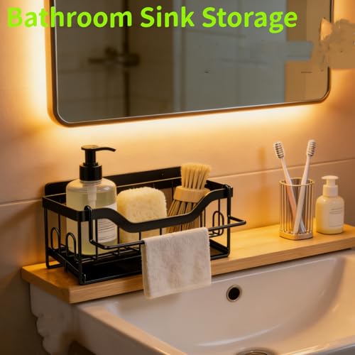 Kitchen Sink Organizer Stainless Steel Sponge Holder with Automatic Drainage Tray and Detachable Rag Rack - color: Black