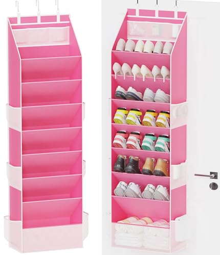 Criusia Shoe Storage, Over the Door Shoe Organizer, Hanging Closet Shoe Storage with Large Deep Pockets, Fits 16–24 Pairs of Sneakers, Sandals, Boots, Pink - color: Pink