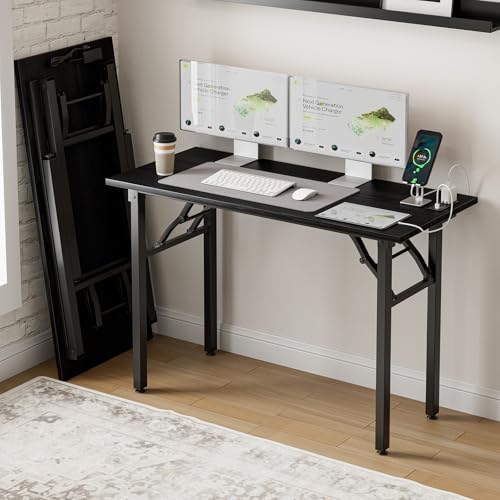 Frylr Small Folding Computer Desk – 43.3 Inch Portable Table for Craft and Study, Lightweight Desk for Small Spaces, Foldable Laptop Table Built-in AC/USB Outlets for Convenience, Dark Oak - color: Dark Oak, size: 43.3 x 19.7 Inch, style: With Power Outle