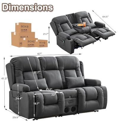 TUNYI Power Loveseat Recliner Sofa with Massage & Heat Home Theater Seating with Console RV Recliner Loveseat Sofa with USB/Storage/Side Pocket/LED Light/Speaker (Dark Grey, Loveseat) - color: Dark Grey, size: 2 Seat