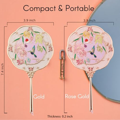 Hand Mirror, Handheld Mirror with Hummingbird Embossed Patterns, Elegant Metal Hand Craft Makeup Mirror, Beautiful Gift Value, Compact and Portable (Hummingbird Gold)
