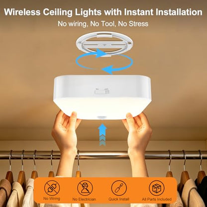 Yunaking Rechargeable Ceiling Light with Motion Sensor: Battery Operated LED Closet Light with Remote & Timing - Wireless Dimmable Magnetic Mount Shower Lamp for Bathroom/Stairs/Garage/Hallway - color: White Square