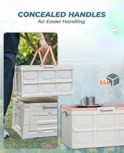 Collapsible Storage Bin with Lids 55L Camping Storage Box Foldable with Handle Plastic Organizing Stackable Storage Container for Outdoor Camping, Home, Fishing, Car RV, Office