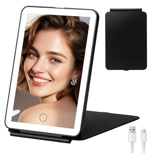 FUNTOUCH Rechargeable Travel Makeup Mirror with Light, 2000mAh Portable Makeup Mirror with 3-Color Lighting, Dimmable Touch Screen, Tabletop LED Folding Cosmetic Compact Vanity Mirror - color: Black-a