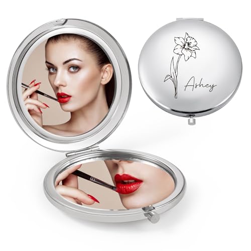 Personalized Compact Mirror for Women - Pocket Mirror for Women,Custom Birthflower Travel Makeup Mirror for Wife, Mom, Bridesmaid Gifts for Daughter Friend (Silver) - color: Silver