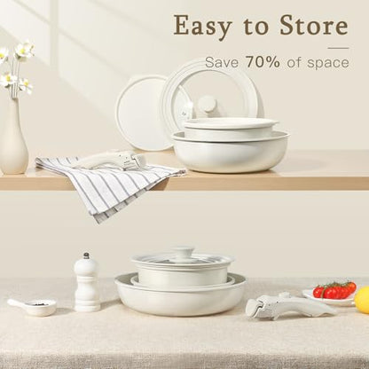GiPP Ceramic Pots and Pans Set Non Stick, Nonstick Detachable Handle Cookware Sets, Healthy Non Toxic PFAS PFOA & PTFE Free, Dishwasher ＆Oven Safe, Induction Kitchen Pot and Pan, 15 Piece Cream - color: White, size: 15PCS 02