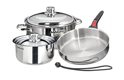 Magma 7 Piece Gourmet Nesting Stainless Steel Cookware Set, Induction Compatible, Oven Safe to 500°F - Suitable for All Stovetops, Removable Handles, Black - color: Stainless Steel, style: 7 Piece