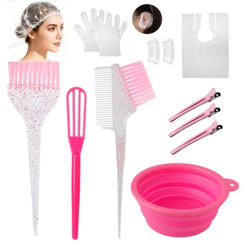 Hair Dye Color Brush and Bowl Set, Color Bowl Brushes Tool Mixing Bowl Kit Tint Comb for Hair Tint Dying Coloring Applicator (Pinky&Clear) - color: Pinky&Clear