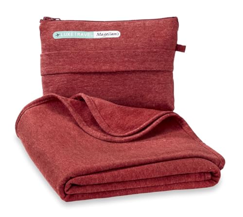 SAGEFINDS Airplane Travel Blanket | Compact Throw Blanket for Camping and Hiking | Converts into a Pillow | Travel Gift | Soft Jersey Knit | Fits in Backpack | Attaches to Luggage | Travel Essential - color: Red