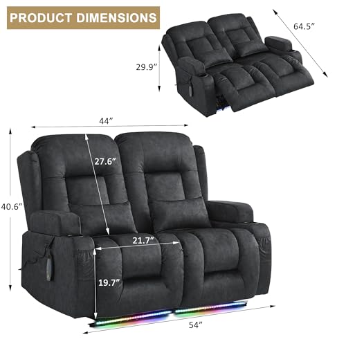 URRED Power Loveseat Recliner Sofa with Massage and Heat, Wall Hugger Reclining Loveseat, RV Couch Home Theater Seating with LED Lights for Living Room (Dark Grey, 54" - 2 Seats) - color: Dark Grey, size: 54" - 2 Seats