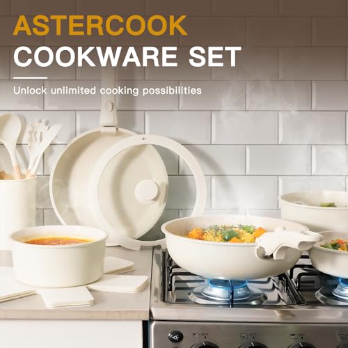 Astercook 21 Pcs Pots and Pans Set Non Stick, Ceramic Cookware Set Detachable Handle, RV Kitchen Cooking Set Removable Handles, Oven Safe, Induction Ready, Stackable, Cream, Fathers Day Gift for Men - color: Cream White, size: 21 Piece