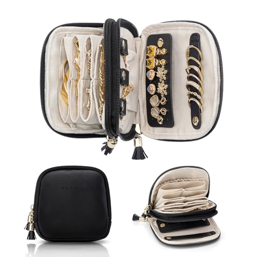 VLANDO Travel Jewelry Case,2-Layer Jewelry Organizer for Travel,Gifts for Women,Travel Essentials,Multi-Compartment Jewelry Storage for Rings Earrings Necklaces Bracelets - Black - color: Black
