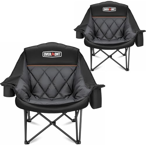Overmont Oversized XL Camping Chair for Adults - 2 Packs 500lbs Support Heavy-Duty Padded Folding Chair with Side Pocket Cup Holder Cooling Bag for Outdoor Sports Garden Beach Fishing Lawn Black - color: Black 2pcs