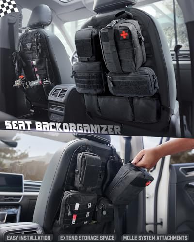 WYNEX Car Seat Back Organizer Set, Universal Vehicle Accessories Molle Panel Detachable 4 Tactical Pouches - Medical, Phone, Admin Storage Bag for Road Trips, Fits Most Cars, SUVs, Trucks