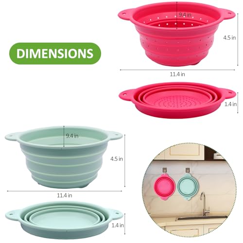 Collapsible Silicone Colander Bowl Set,BPA Free, Heat Resistant, Stainless Steel Nesting, Portable Washing Basket Strainer Drain Basin for Pasta, Vegetable and fruit, Kitchen, Camping, Hiking - color: Red+Green