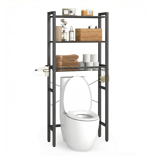 VASAGLE BARNET Collection - Over the Toilet Storage, Over Toilet Bathroom Organizer with Adjustable Shelves and Basket, 3 Hooks, Space Saving, 9.4 x 23.6 x 63 Inches, Ebony Black UBTS113BE01S - color: Ebony Black, style: 3 Tiers (63" H)